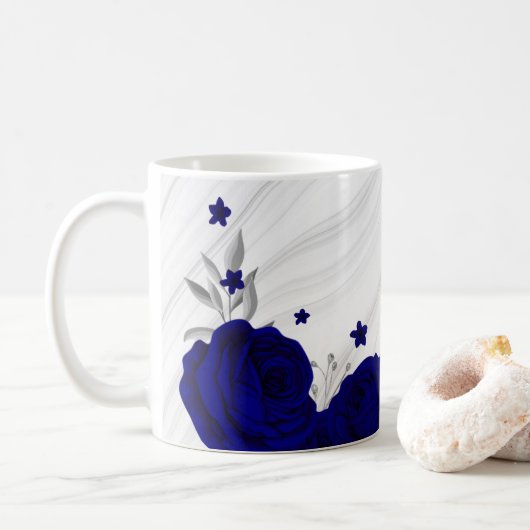 Mug fleurs bleu royal feuilles argent marbre (Avec donut)
