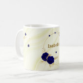 Mug fleurs bleu royal feuilles or marbre (Devant gauche)