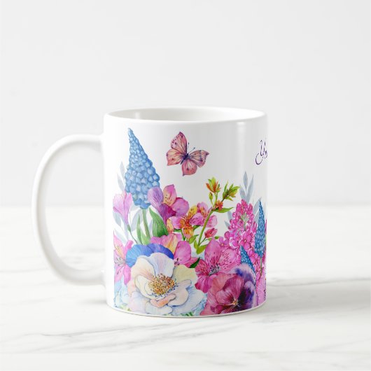 Mug Fleurs bleu violet fleurissent printemps nom perso (Gauche)