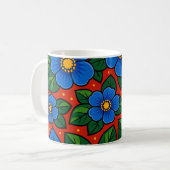 Mug Fleurs bleues et feuilles vertes sur fond rouge (Devant gauche)
