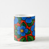 Mug Fleurs bleues et feuilles vertes sur fond rouge (Centre)