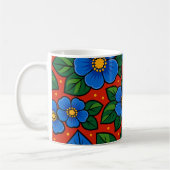 Mug Fleurs bleues et feuilles vertes sur fond rouge (Gauche)
