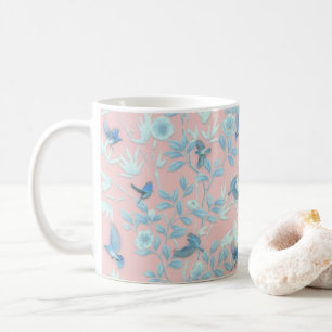 Mug fleurs bleues et oiseau, couleur rose clair Arrièr