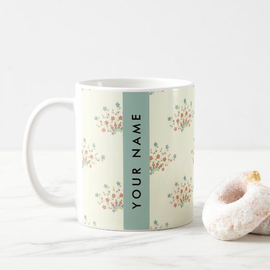 Mug Fleurs bleues et rouges, Bleu, Votre nom (Avec donut)