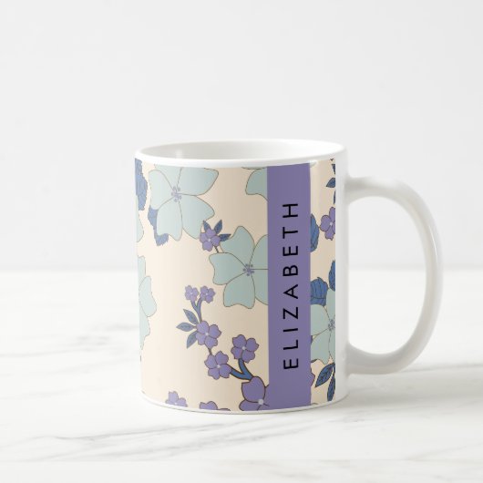 Mug Fleurs Bleues, Fleurs Violettes, Floral, Votre Nom (Droite)
