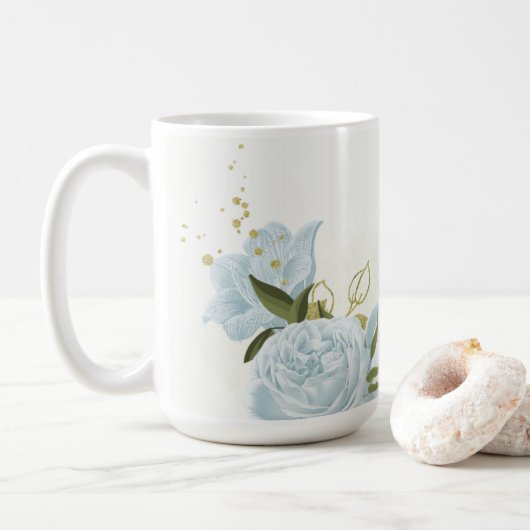 Mug fleurs bleues romantiques & feuilles vertes botan (Avec donut)