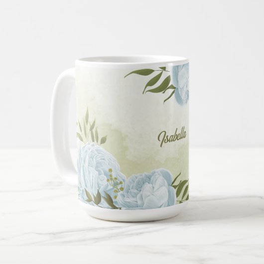 Mug fleurs bleues romantiques & feuilles vertes botani (Devant gauche)