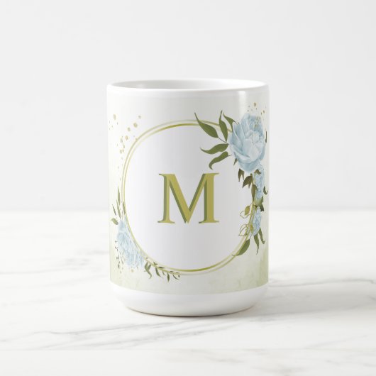 Mug fleurs bleues romantiques & vert feuille botanique (Centre)