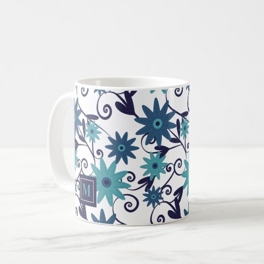Mug Fleurs bleues turquoise Customisées (Devant gauche)