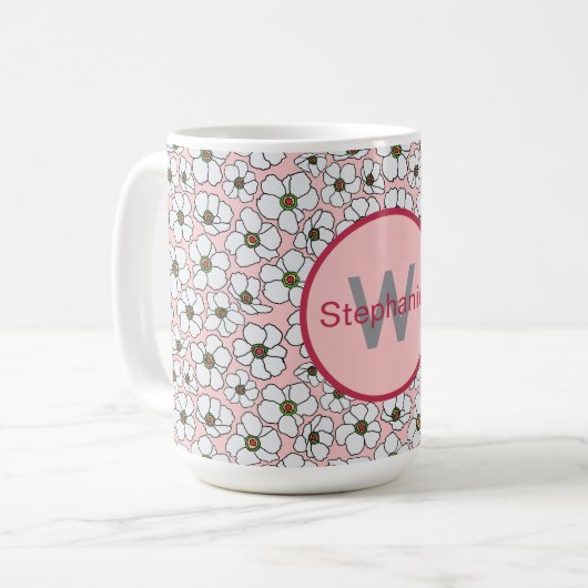 Mug Fleurs Bohème Rose Et Blanche Avec Monogramme (Devant gauche)