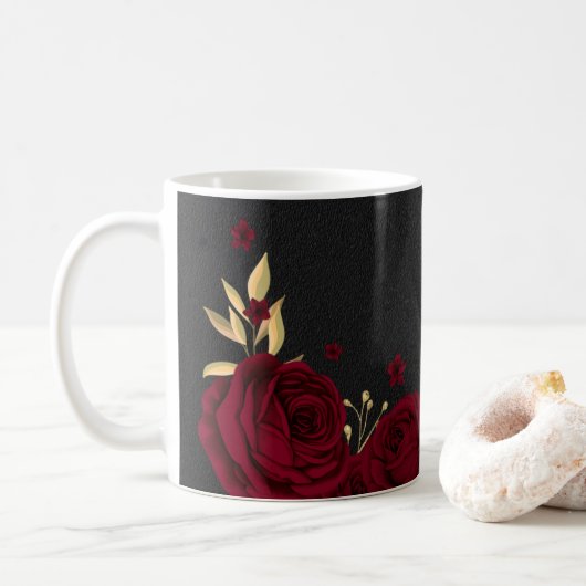 Mug Fleurs bordeaux élégantes or noir (Avec donut)