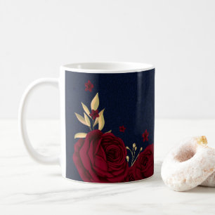 Mug fleurs bordeaux feuilles dorées bleu marine