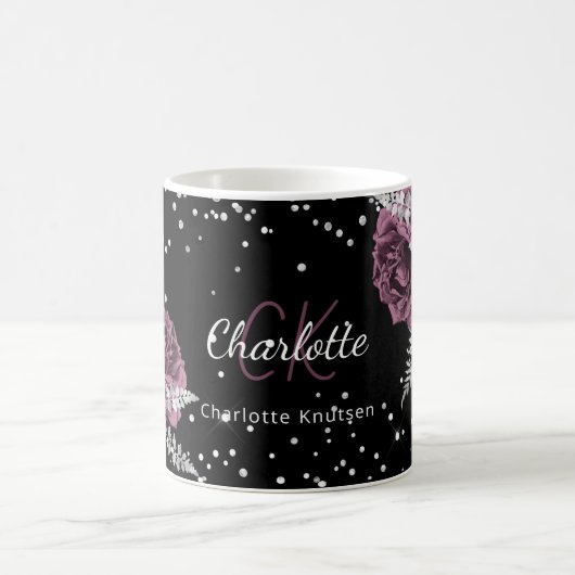 Mug Fleurs bordeaux noires élégant nom monogramme (Centre)