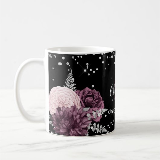 Mug Fleurs bordeaux noires élégant nom monogramme (Gauche)