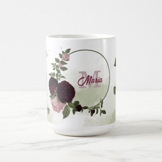Mug fleurs bordeaux roses feuilles vertes monogramme (Centre)