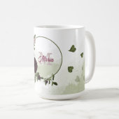 Mug fleurs bordeaux roses feuilles vertes monogramme (Devant droit)