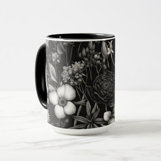 Mug Fleurs botaniques noires et blanches (Devant gauche)