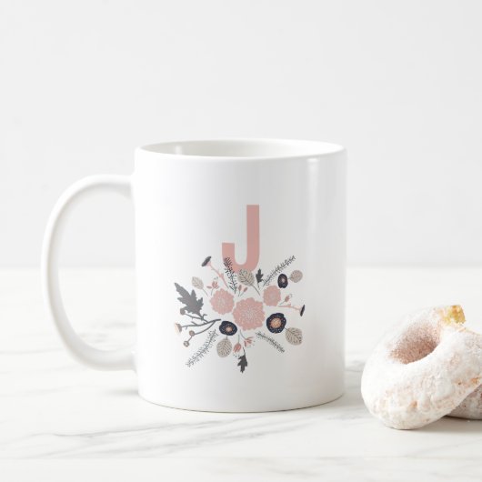 Mug Fleurs botaniques Pintes noires Monogramme floral (Avec donut)