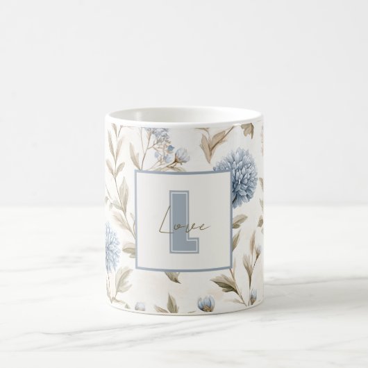 Mug Fleurs Brunes Bleues Crème Monogramme Initial Amou (Centre)