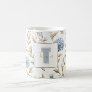 Mug Fleurs Brunes Bleues Crème Monogramme Initial Nom