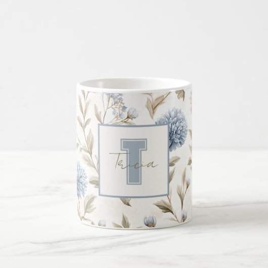 Mug Fleurs Brunes Bleues Crème Monogramme Initial Nom (Centre)