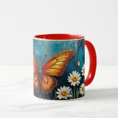 Mug Fleurs chamomiles de papillon d'insecte orange vif (Devant droit)