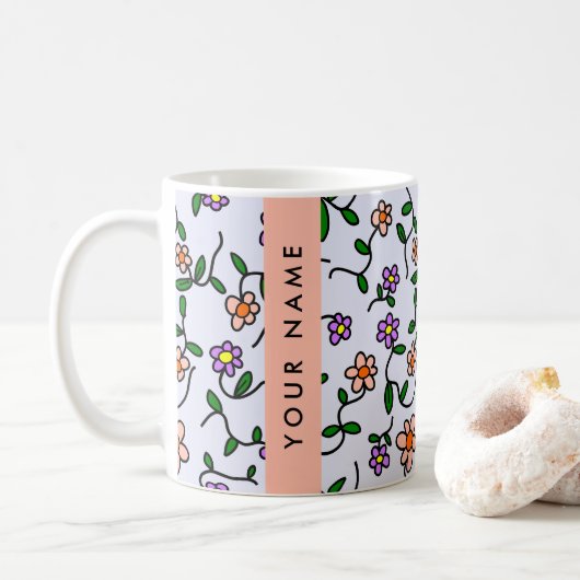 Mug Fleurs colorées, fond bleu, orange (Avec donut)