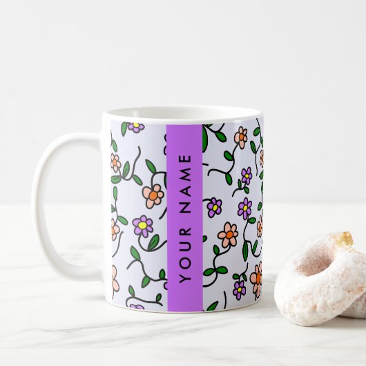 Mug Fleurs Colorées, Fond Bleu, Violet (Avec donut)