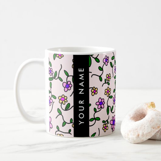 Mug Fleurs Colorées, Fond Rose, Noir (Avec donut)