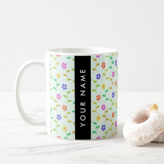 Mug Fleurs Colorées, Fond Vert Clair, Noir (Avec donut)