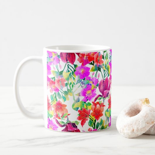 Mug Fleurs colorées tropicales élégantes (Avec donut)