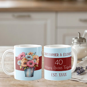 Mug fleurs d'anniversaire de rubis de 40 ans noms bleu