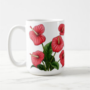 Mug Fleurs d'anthurium rouges avec des feuilles vertes