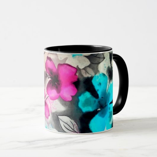 Mug Fleurs d'aquarelle bleu rose blanc (Devant droit)