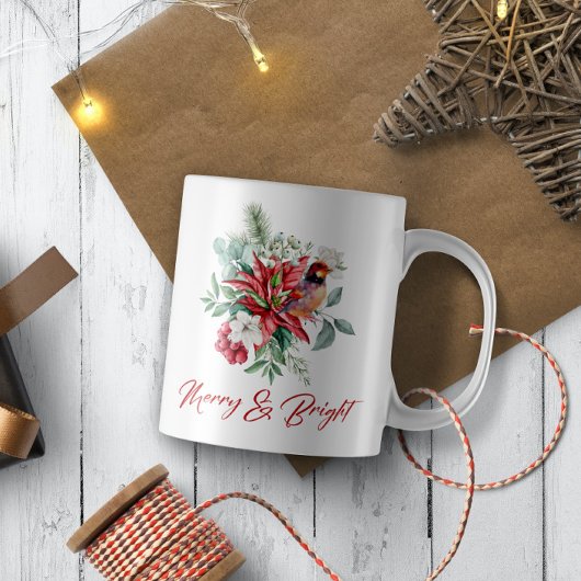Mug Fleurs d'aquarelle de Noël, feuilles et oiseaux
