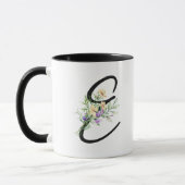 Mug Fleurs d'aquarelle noire de script initial "E" (Gauche)