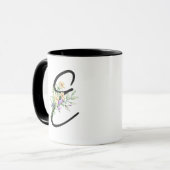 Mug Fleurs d'aquarelle noire de script initial "E" (Devant gauche)
