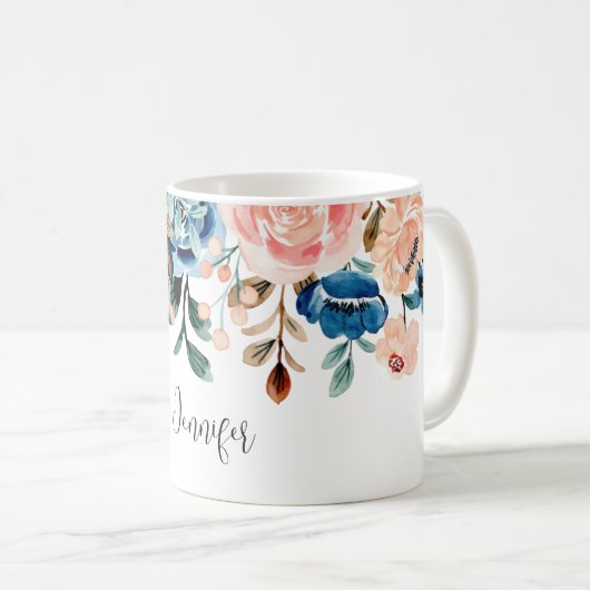 Mug Fleurs d'aquarelle rose et bleu (Devant droit)