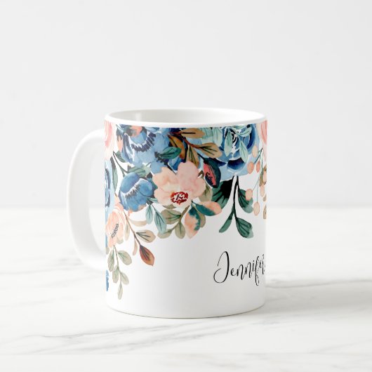 Mug Fleurs d'aquarelle rose et bleu (Devant gauche)
