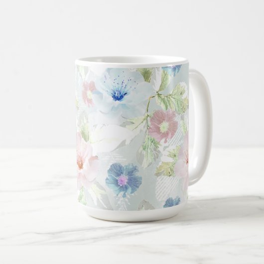 Mug Fleurs d'aquarelle rose et bleu. (Devant droit)