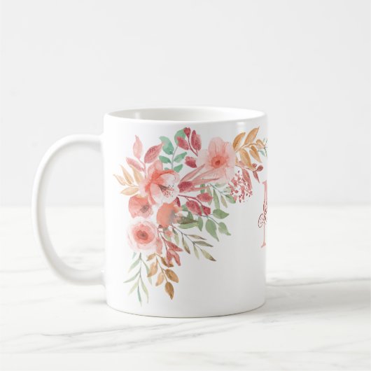 Mug Fleurs d'aquarelle rose pâle Nom du monogramme per (Gauche)