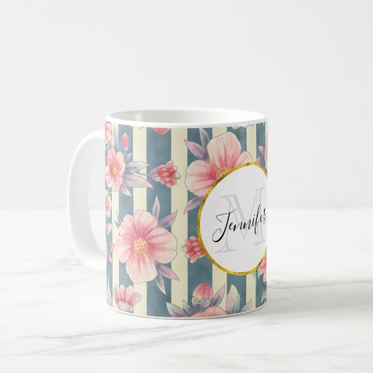 Mug Fleurs d'aquarelle rose sur bandes Monogramme (Devant gauche)