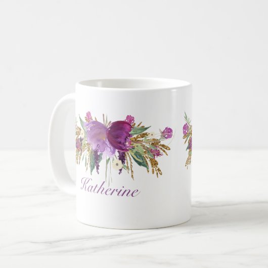 Mug Fleurs d'aquarelle violette et or (Devant gauche)