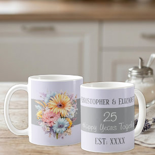 Mug fleurs de 25e anniversaire de mariage argent noms