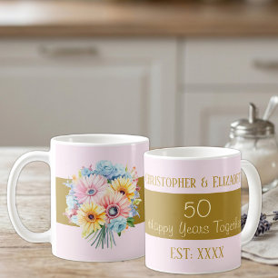 Mug fleurs de 50e anniversaire en or noms rose