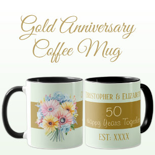 Mug fleurs de 50e anniversaire en or noms vert