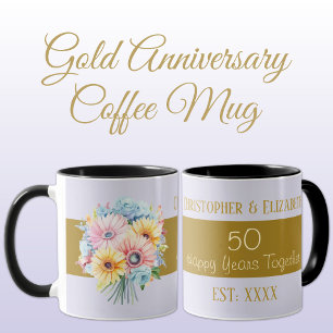 Mug fleurs de 50e anniversaire en or noms violet