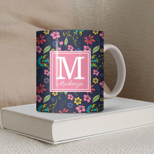 Mug Fleurs de Bohême Fille Bleu Marine | Monogramme ro