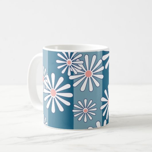 Mug Fleurs de camomille blanche sur fond bleu rayé (Devant gauche)