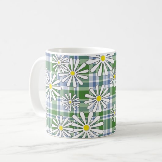 Mug Fleurs de camomille blanche sur un damier vert ble (Devant gauche)
